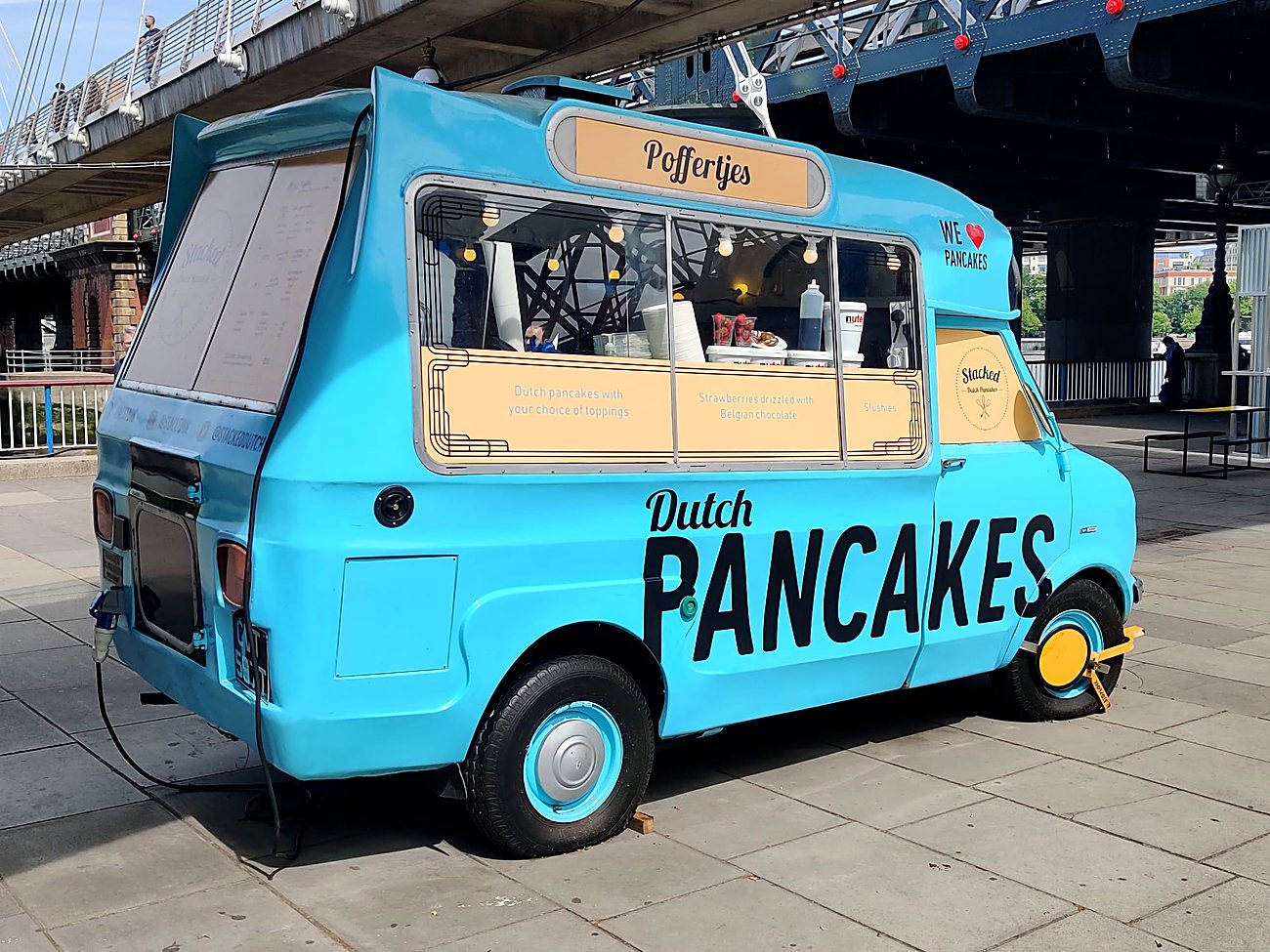 Stacked's vintage blue Dutch pancake van at the Southbank Centre on a sunny day